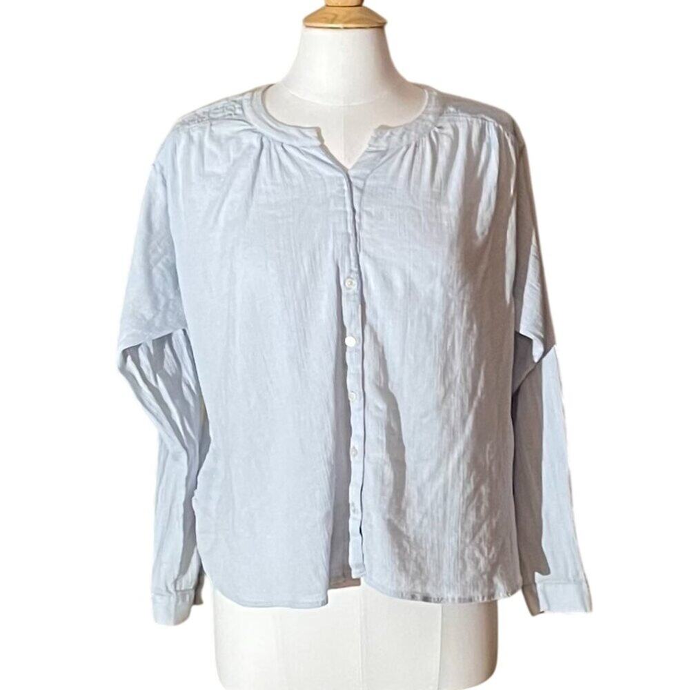 LOFT Cotton Baby Blue Long Sleeve Gauze V-Neck Popover Shirt, Ruched Detail, M